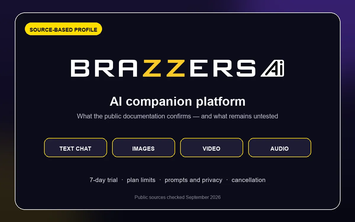 Brazzers AI source-based companion review card with text, image, video and audio labels