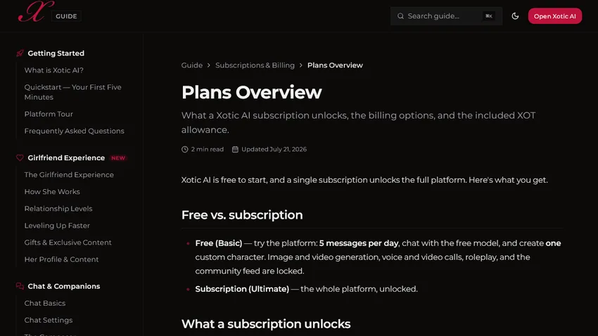 Xotic AI official plans guide showing free and subscription access